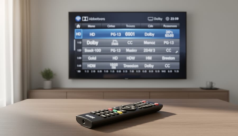 Remote control and living room television with a blurred program guide screen