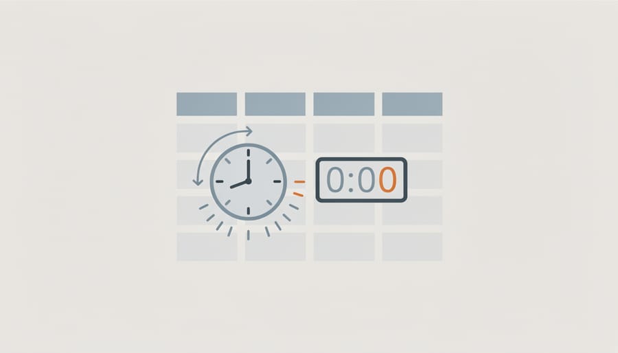 Close-up of a wall clock and TV remote on a table with warm sunlight and a blurred notebook in the background
