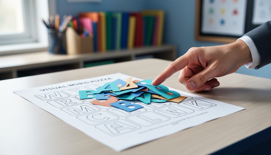 Close-up of a classroom desk with a visual word puzzle worksheet and overlapping letter-shaped cutouts, with a teacher’s hand pointing to the arrangement.