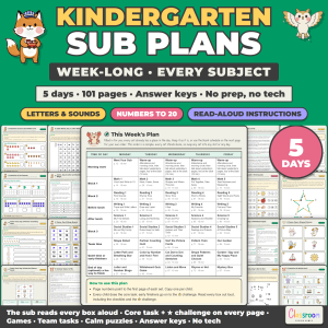 Week Long Sub Plans for Kindergarten, Emergency Sub Plans for Every Subject, No Prep, 5 Days, 101 Pages
