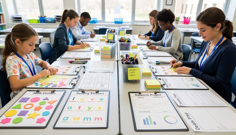Teacher organizing colorful activity template materials on a classroom table